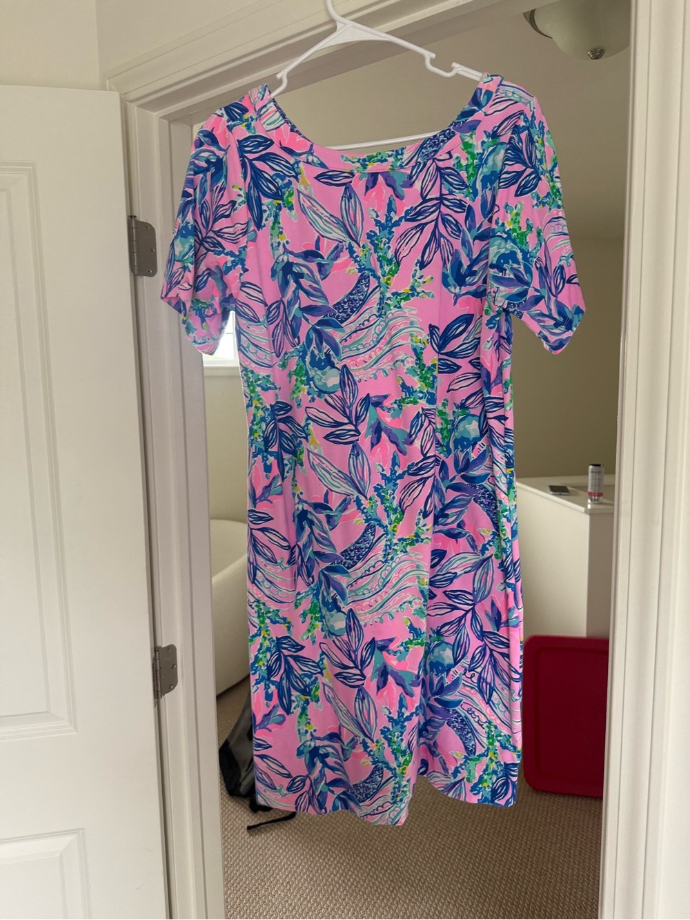 Lilly Pulitzer Pink Dress with Blue and Green Leaf Print